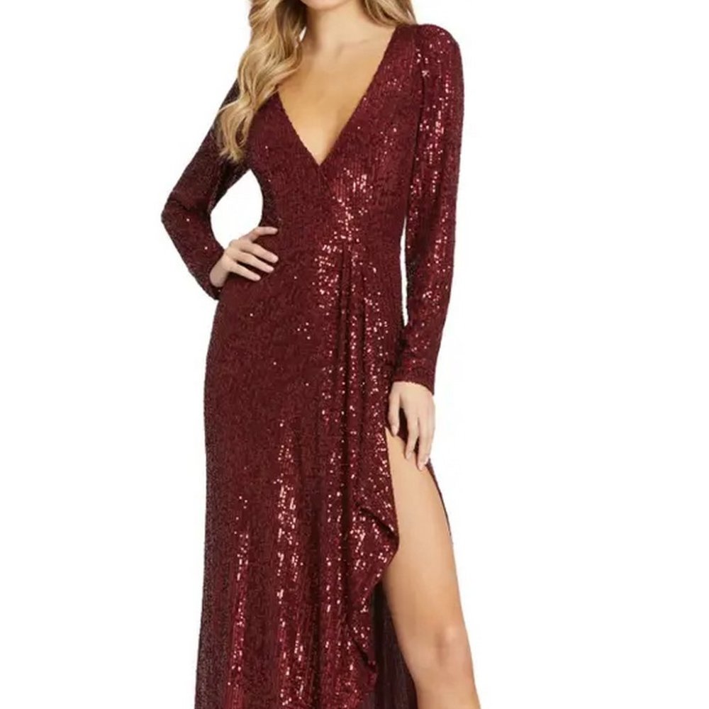 Mac Duggal Red Wine Long Sleeve Sequin Wrap Gown